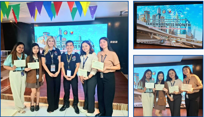 AOC Shared Services Team members Jonalyn Nuesca, Jovy Tornalejo, Divine Joy Bacallan, and Annie Lyn Loveranes receive their Certificates of Participation from the Bureau of Internal Revenue (BIR).